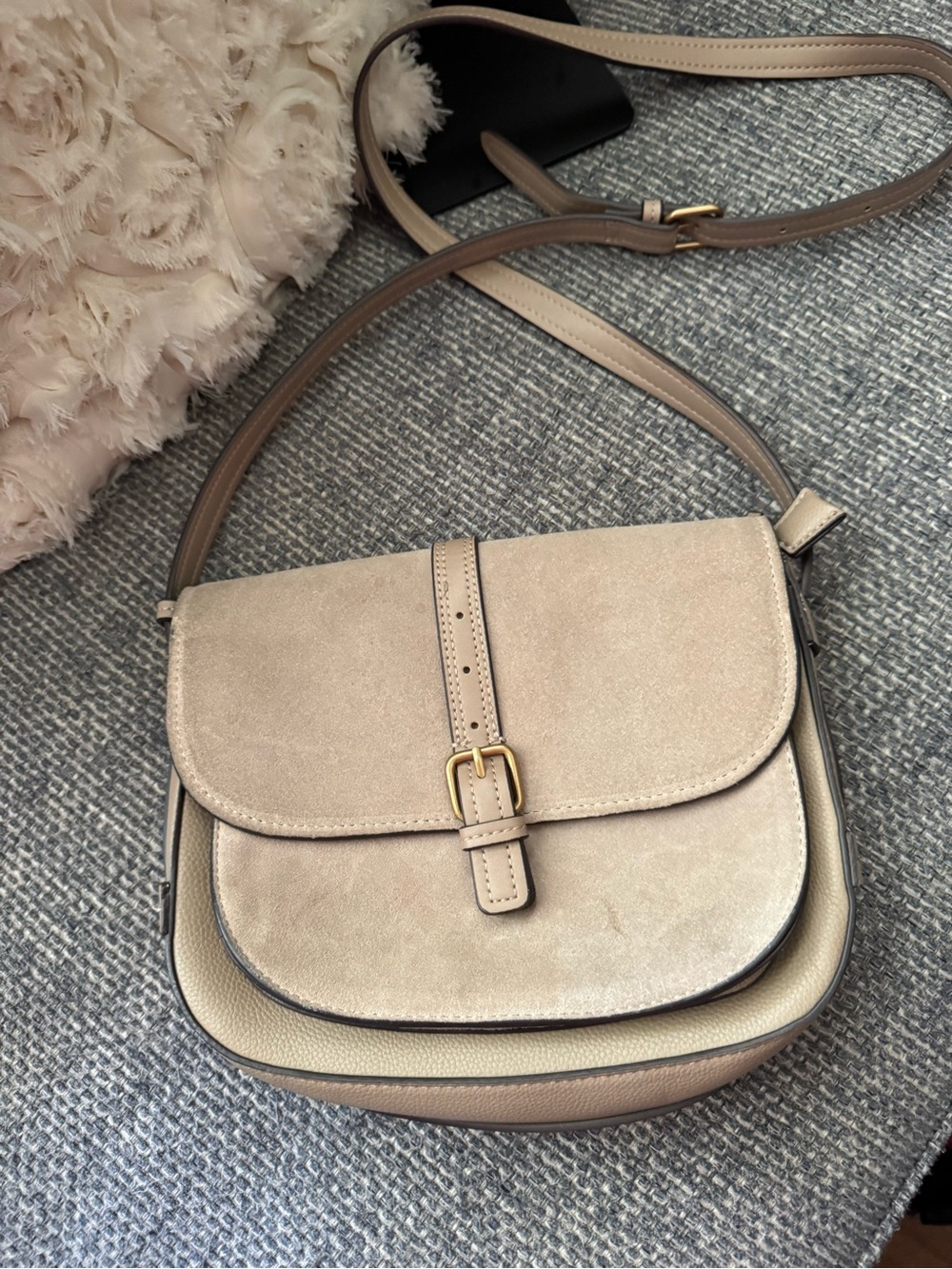 Parfois Taupe Faux Suede & Pebbled Faux Leather Crossbody Saddle Bag - Picture 3 of 9